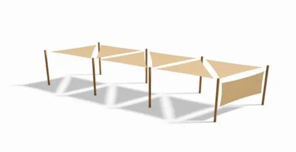 Solsegelsystem  6 st 3x3x3 m. + 8 stolpar + 1 sidosegel