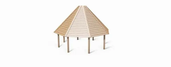 8-kantigt grillhus i robinia och lärk. Ø: 6 m
